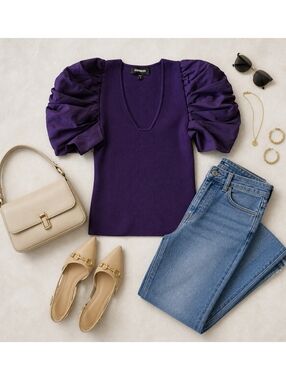 EUC Express Purple V-Neck Top with Statement Puff Sleeves, Size Small